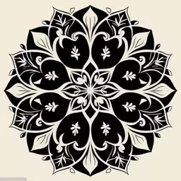 a large black and white flower with decorative scrolls,the image of a large black floral on a white wall,the stencil design is designed by me,a black and white ornamental pattern on a wall,the circular pattern is very intricate and black