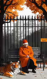 an image of a person sitting on the bench with a tiger