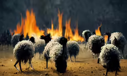 a herd of sheep run through a dirt field