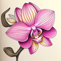 drawing on paper with colored pen and ink flowers,a pink flower with a brown stem and leaves