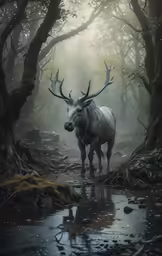 a bull standing by some water with big horns