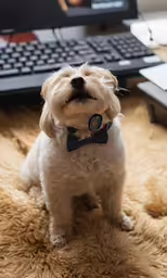 a little dog wearing a bow tie sitting on a furry rug