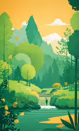 a digital painting of a man standing in front of a waterfall with mountains behind it,a person standing on the side of a river