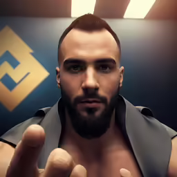 a man wearing a balding beard and jacket giving a finger