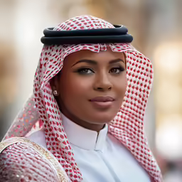 a woman wearing a traditional headscarf and standing in front of the camera
