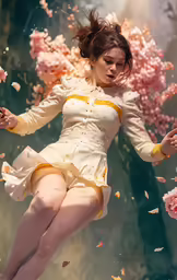 a woman in a dress is floating in a stream of flowers
