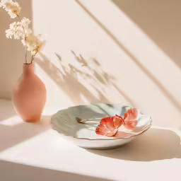 a pink flower sits near a green plate