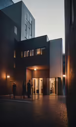 group of people standing outside of building in evening