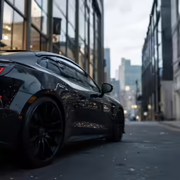 the car is black and is parked on the street