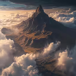 the peak in the clouds with bright sunlight