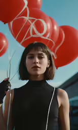 young woman in black top and red balloons