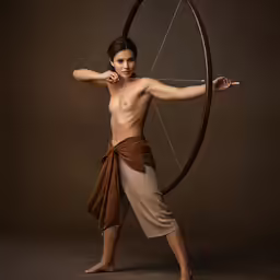 an asian man poses with a bow and arrow
