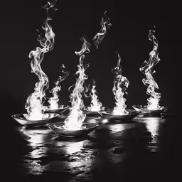 an artistic shot of flames floating from a boat on a body of water