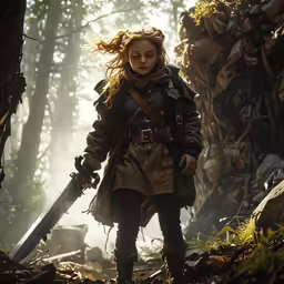 a girl walking in the woods with a sword