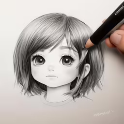 a pencil drawing of a little girl with big eyes