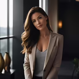 a woman wearing a tan blazer posing for a portrait