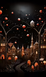 the landscape is decorated with orange lanterns and red lantern trees