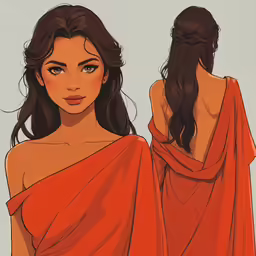 illustration of the top half of a female wearing an orange draped dress