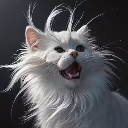 a white cat with very large hair on its head