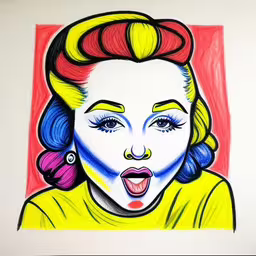 drawing of a woman with her tongue out,a colorful portrait with hair that has been drawn,a drawing of a woman with brightly colored hair,an art piece depicting a female clown in an abstract manner,a drawing of a woman wearing a yellow top with her mouth open