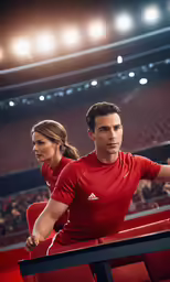 two people wearing red shirts are in a theater