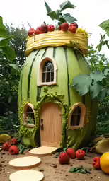 a green house shaped like an apple with berries on it and three smaller windows