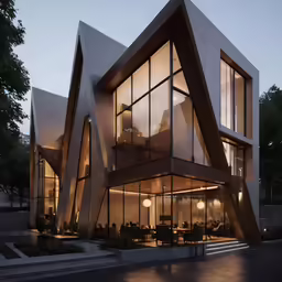 modern building with multiple windows and tables on the outside