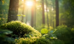 a green moss covered ground with sunlight shining in the background