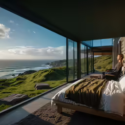 a person sits in bed next to the ocean