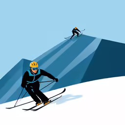 the skier is racing down the slope in his black and blue outfit