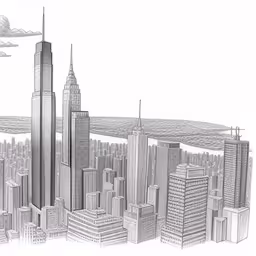 a drawing of city with buildings in the middle,drawing of a new york cityscape