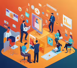 people in a business meeting around a tv,an illustration depicting a group of people using digital devices