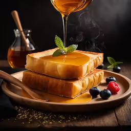 a glass of liquid flowing into a wooden bowl of something