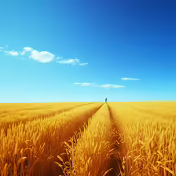 a long, wide wheat field with a lone person in the distance