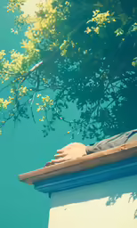 a person is sitting outside on a ledge with a branch in the reflection
