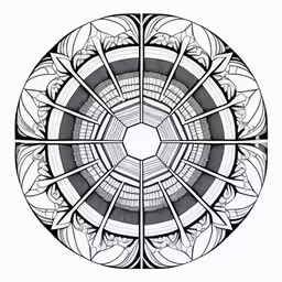 a black and white image of a flower,a circular geometric pattern that is depicted in black and white