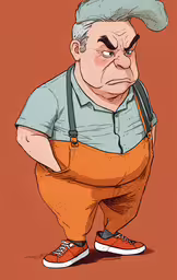 an elderly man with a cap and suspenders,an elderly man wearing overalls and suspends