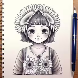 a drawing of a girl in an outfit with sunflowers in her hair,this sketch of a little girl is easy and cute