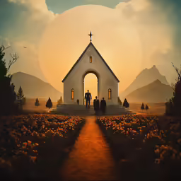 some people in silhouette standing on the steps to a church