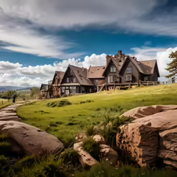 a beautiful old style house sitting on top of a hill