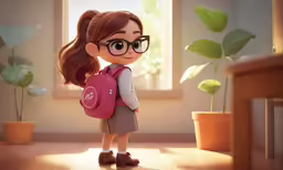 a little girl with glasses and a pink bag stands in a room next to plants
