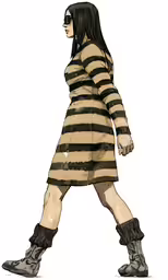 a woman dressed in jail uniform walking
