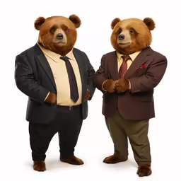 two bears in suits pose for a picture