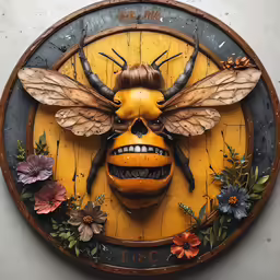 a yellow and black bee sitting inside of a wooden plaque