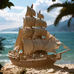 an old ship is on the beach near water