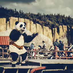 a panda bear performing on top of a wooden platform