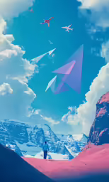 a person standing in front of mountains and flying a kite