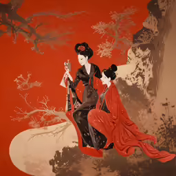 a woman sitting in front of a tree wearing a red robe