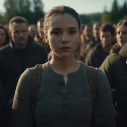 a woman standing in front of many people