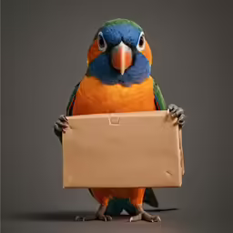 an orange and blue bird is holding a sign